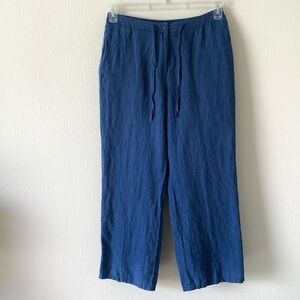 Wide Leg Linen Ankle Pants Pockets Nautical Coastal Lagenlook Casual Blue 12
